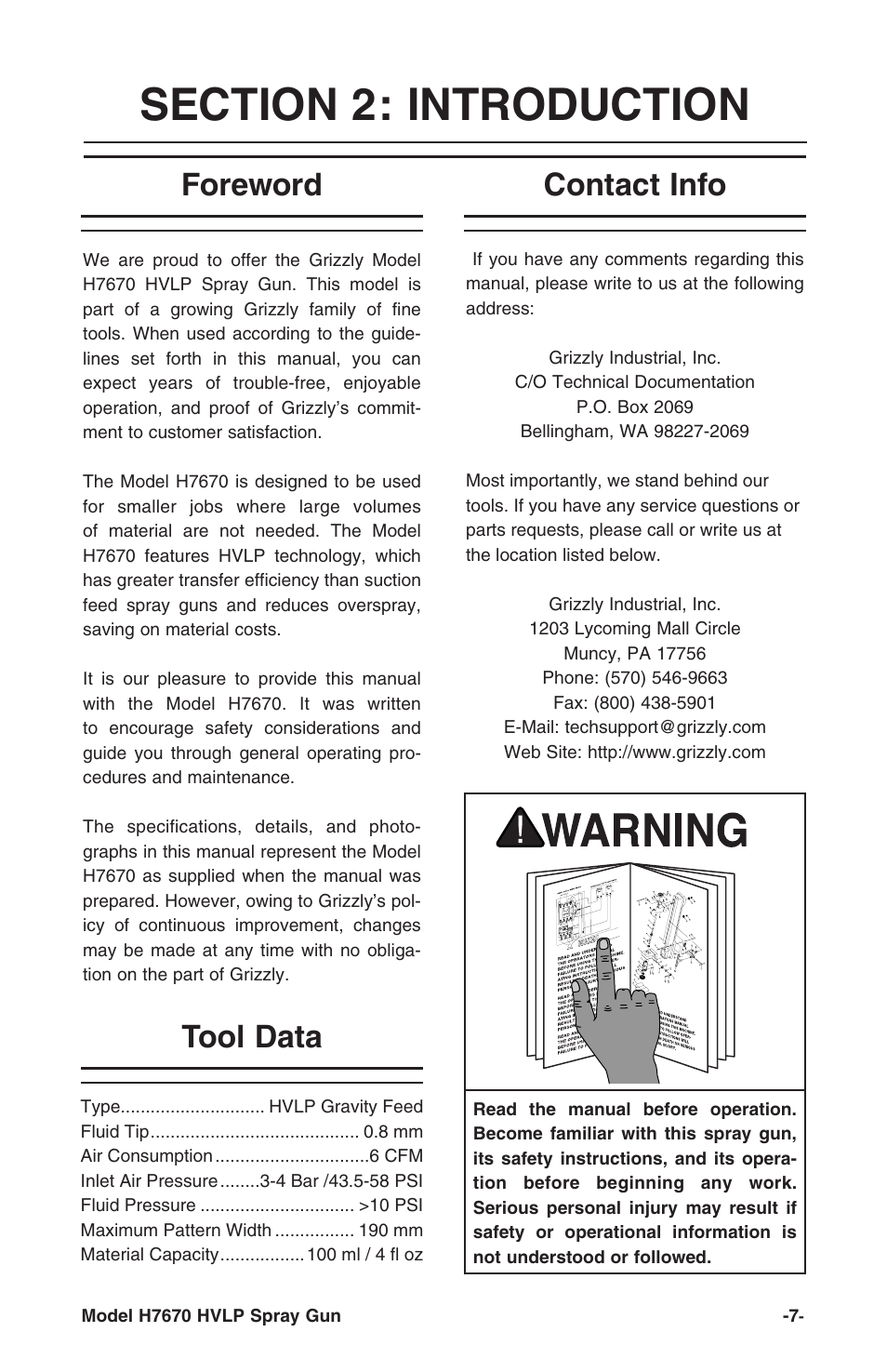 Foreword contact info tool data | Grizzly mini hvlp spray gun W/gauge H7670 User Manual | Page 7 / 20