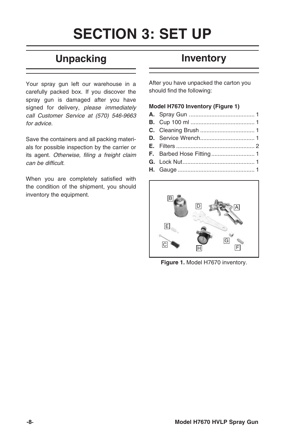 Unpacking, Inventory | Grizzly mini hvlp spray gun W/gauge H7670 User Manual | Page 8 / 20