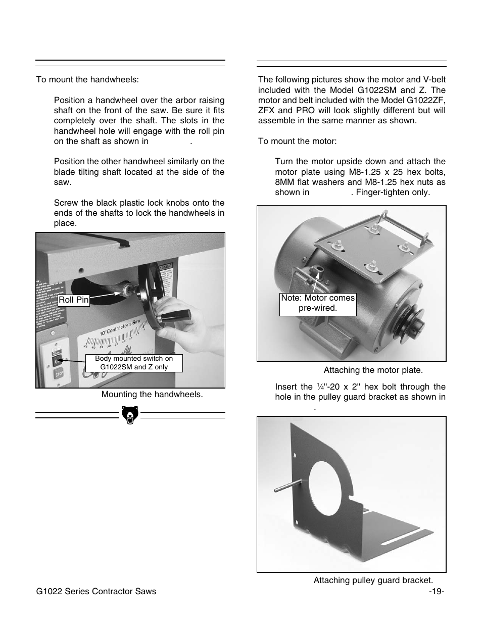 Motor, Handwheels | Grizzly G1022PRO User Manual | Page 21 / 72