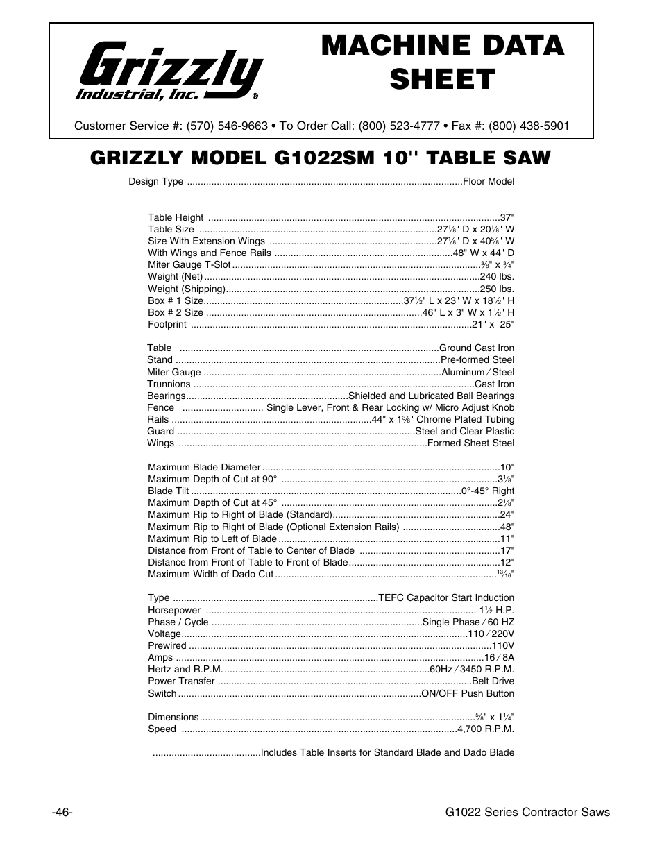 Machine data sheet, G1022 series contractor saws | Grizzly G1022PRO User Manual | Page 48 / 72