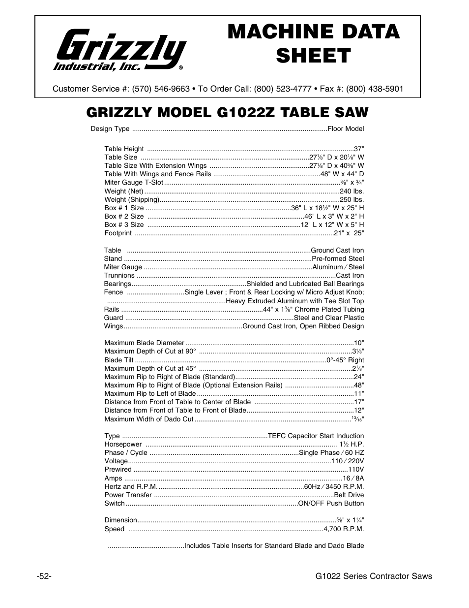 Machine data sheet, Grizzly model g1022z table saw, G1022 series contractor saws | Grizzly G1022PRO User Manual | Page 54 / 72