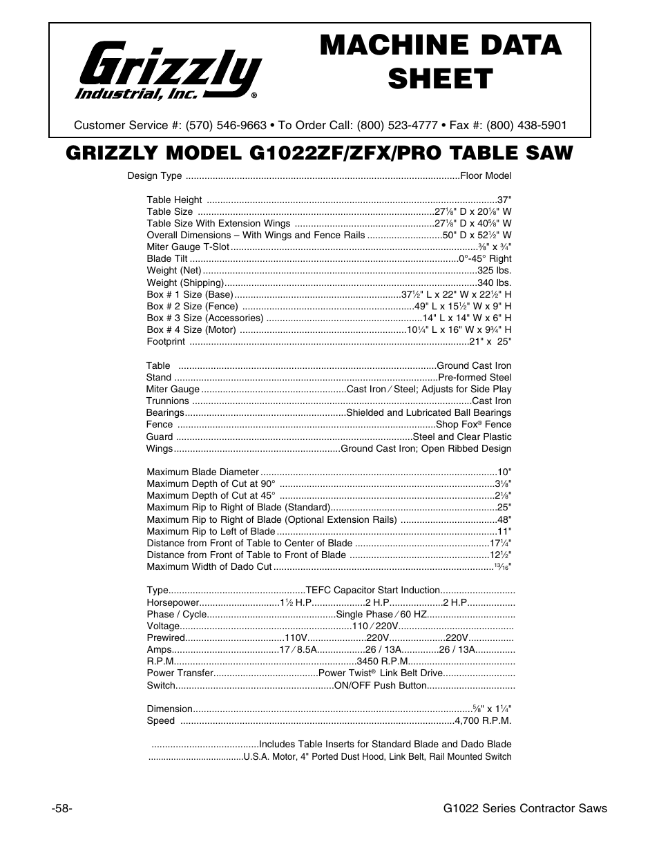 Machine data sheet, Grizzly model g1022zf/zfx/pro table saw, G1022 series contractor saws | Grizzly G1022PRO User Manual | Page 60 / 72