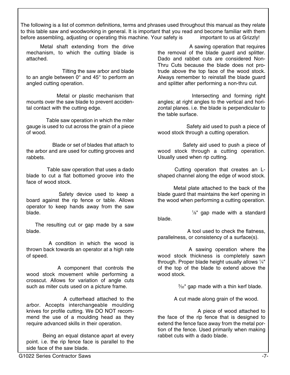 Common definitions, terms and phrases | Grizzly G1022PRO User Manual | Page 9 / 72