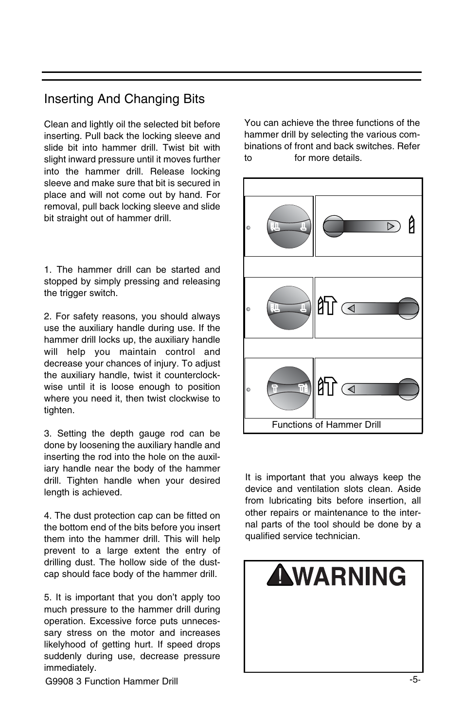 Operation instructions, Inserting and changing bits, Operation | Mode selector switch, Drill mode power chisel mode hammer drill mode, Maintenance | Grizzly G9908 User Manual | Page 7 / 10
