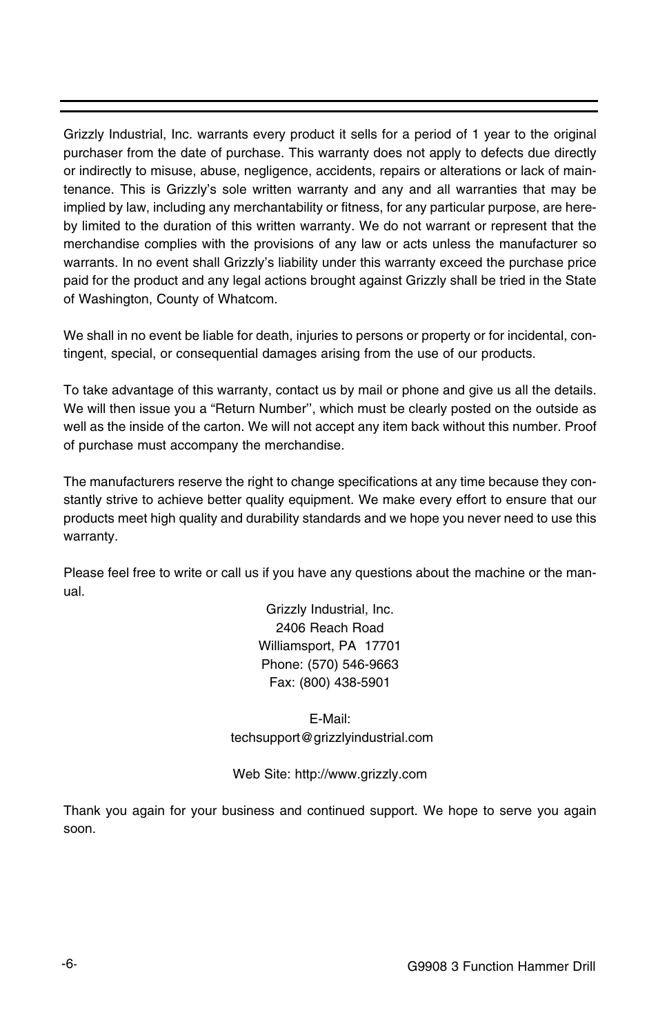 Warranty and returns | Grizzly G9908 User Manual | Page 8 / 10
