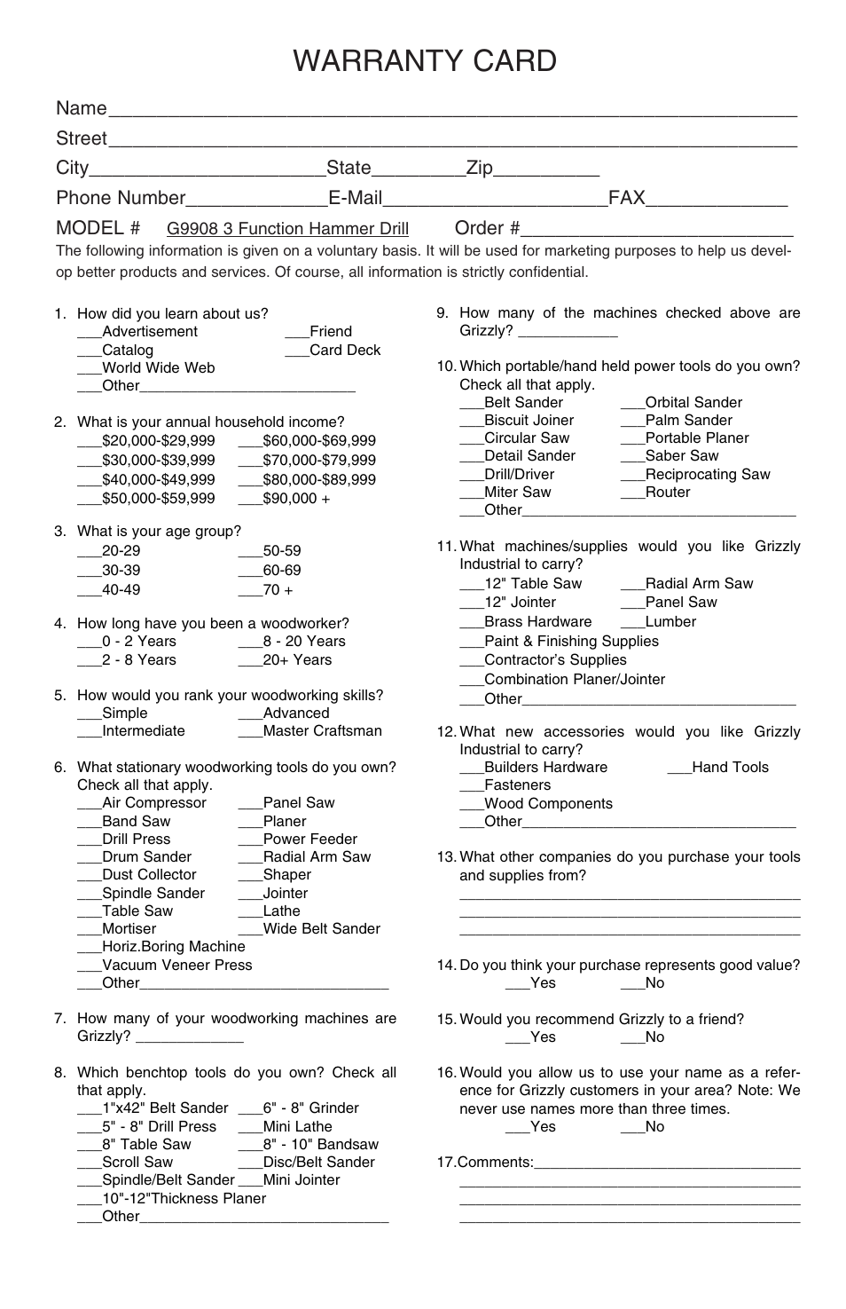 Warranty card, Name, Street | City, State, Phone number, E-mail, Model, Order | Grizzly G9908 User Manual | Page 9 / 10