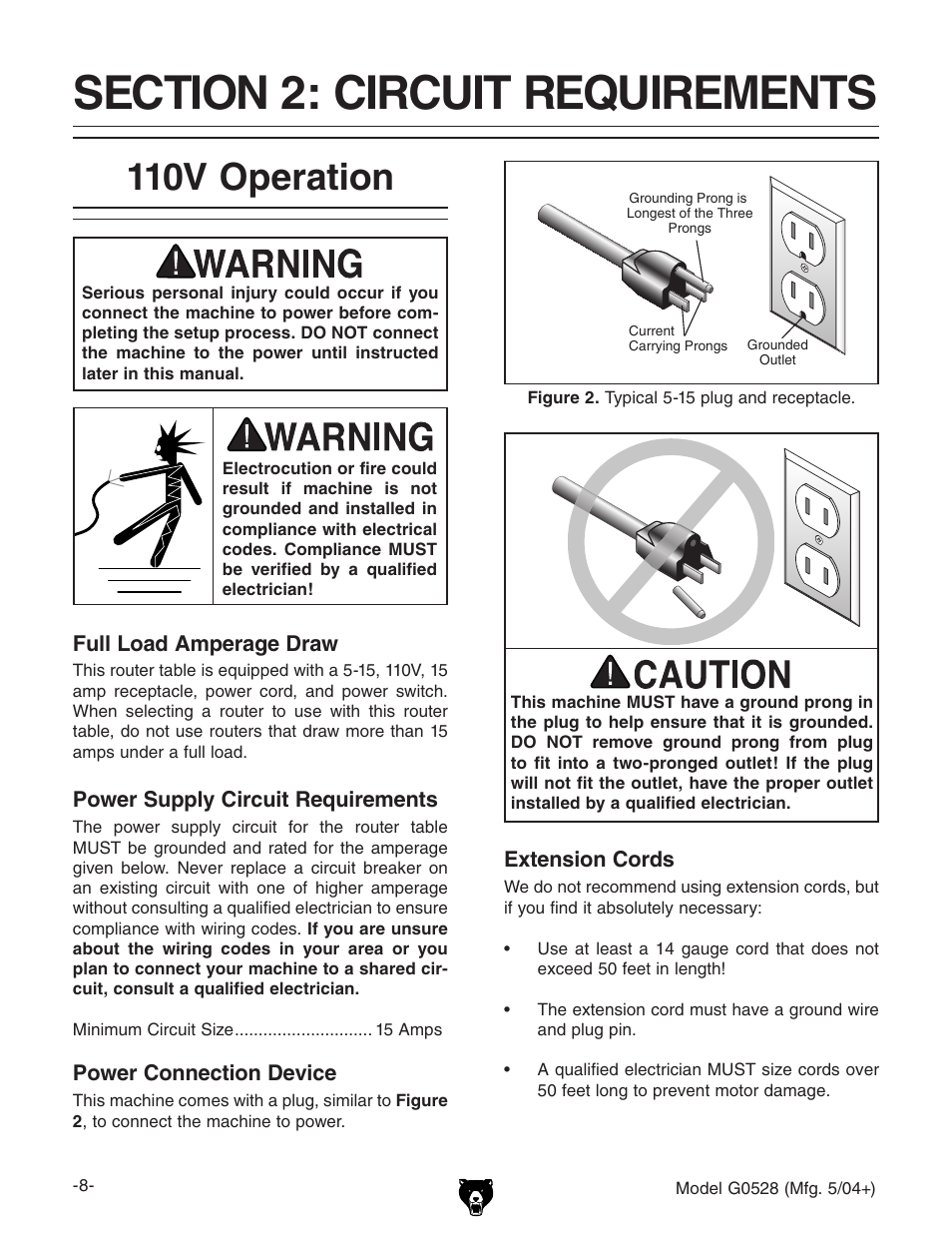 110v operation | Grizzly G0528 User Manual | Page 10 / 36