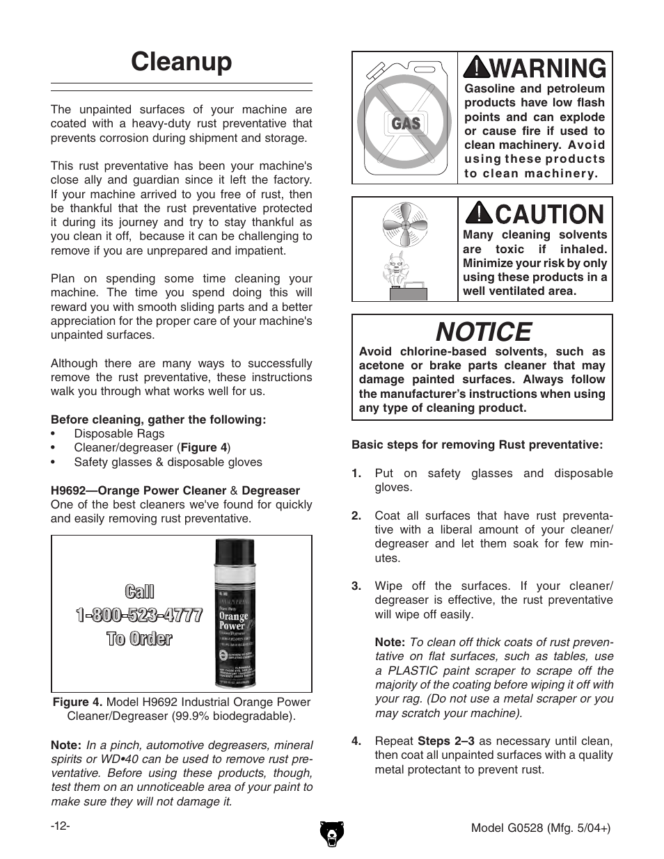 Cleanup, Notice | Grizzly G0528 User Manual | Page 14 / 36