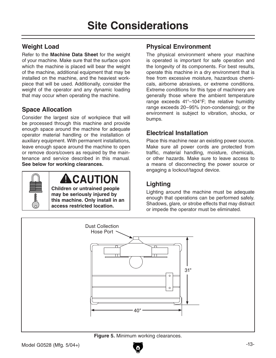 Site considerations | Grizzly G0528 User Manual | Page 15 / 36