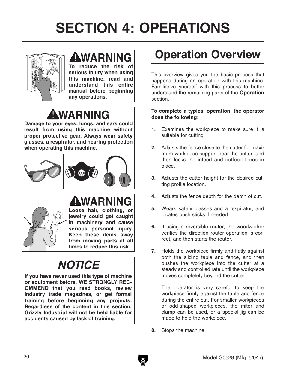 Notice, Operation overview | Grizzly G0528 User Manual | Page 22 / 36