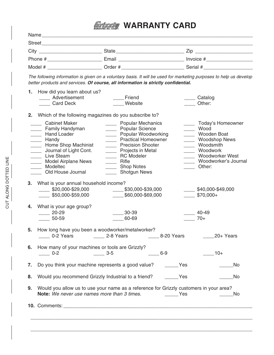 Warranty card | Grizzly G0528 User Manual | Page 33 / 36