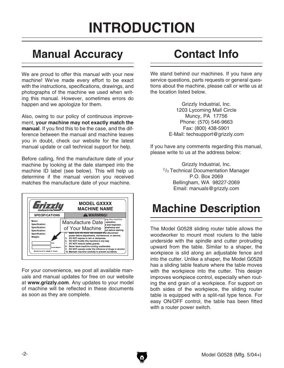 Introduction, Contact info, Machine description manual accuracy | Grizzly G0528 User Manual | Page 4 / 36