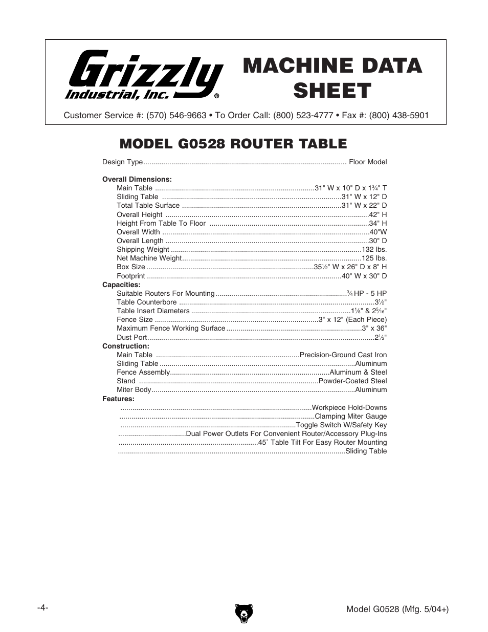 Machine data sheet, Model g0528 router table | Grizzly G0528 User Manual | Page 6 / 36