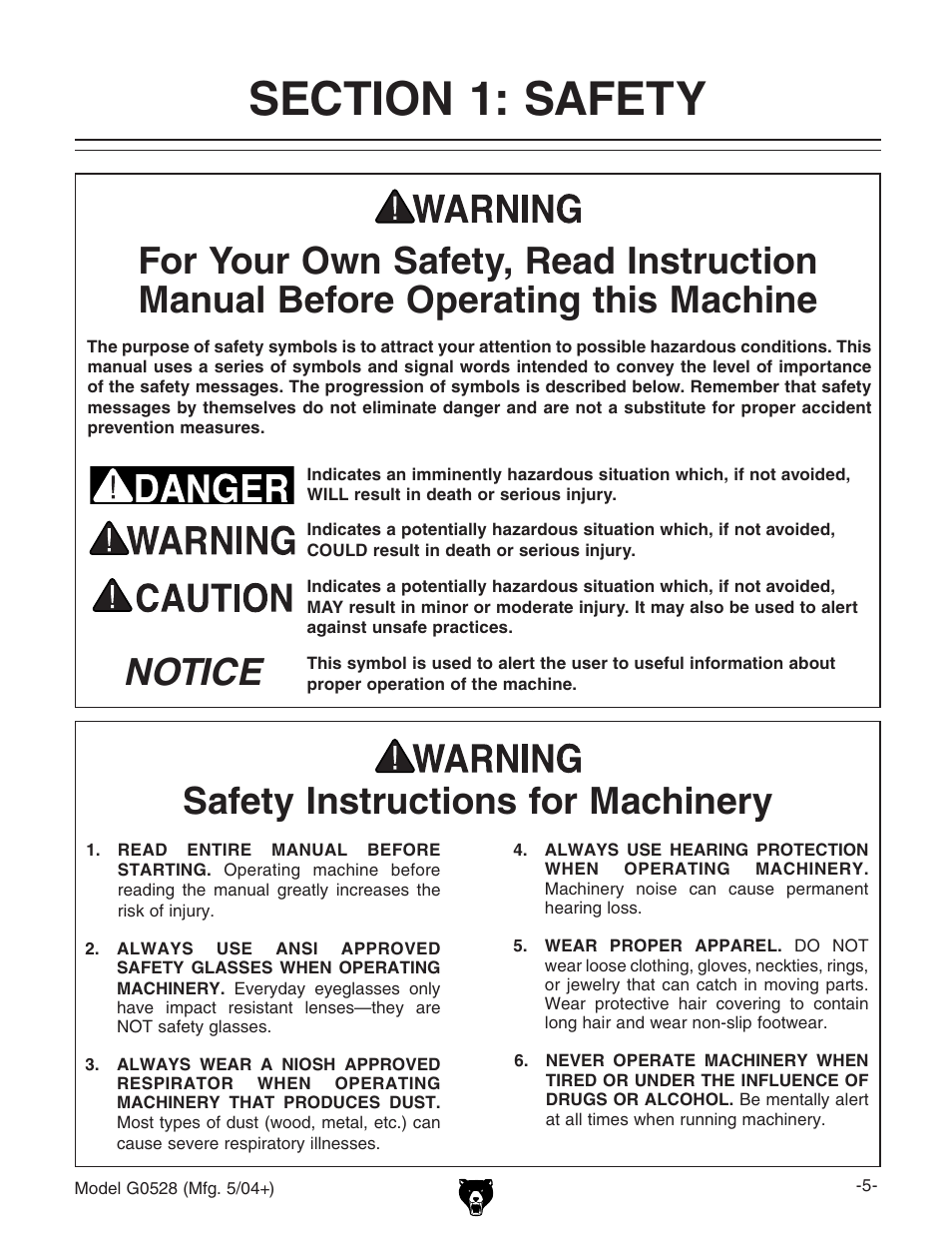 Safety instructions for machinery, Notice safety instructions for machinery | Grizzly G0528 User Manual | Page 7 / 36