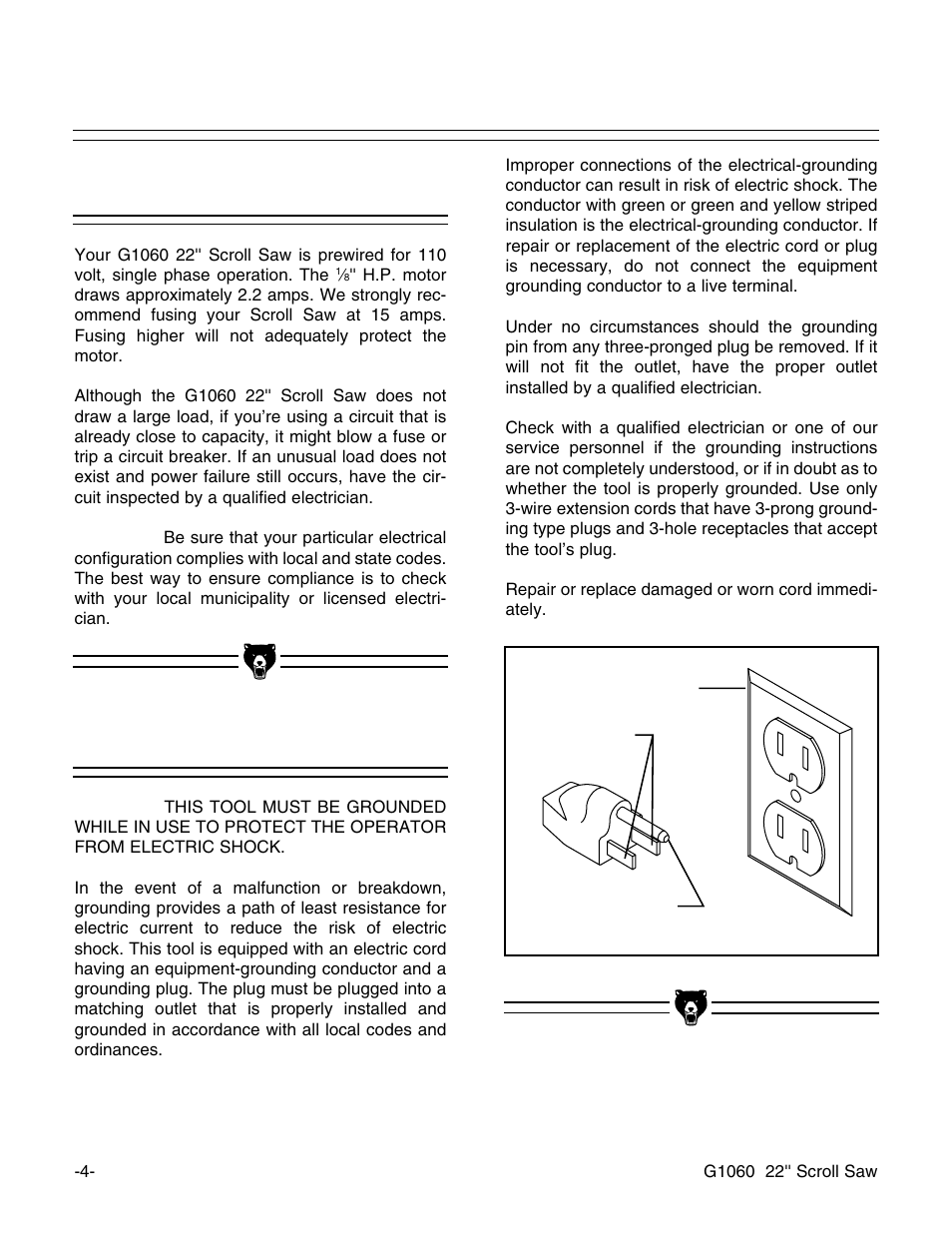 110v operation, Grounding | Grizzly G1060 User Manual | Page 6 / 22