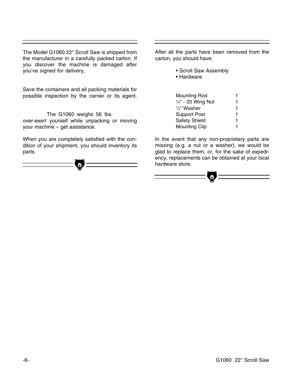 Unpacking, Piece inventory | Grizzly G1060 User Manual | Page 8 / 22