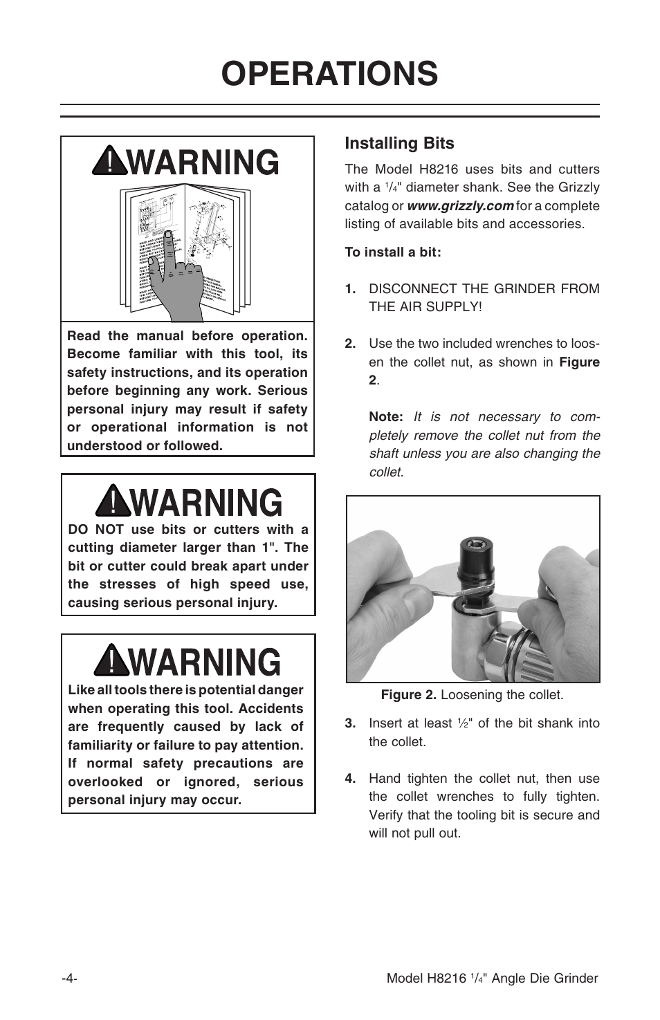 Operations, Installing bits | Grizzly H8216 User Manual | Page 6 / 8