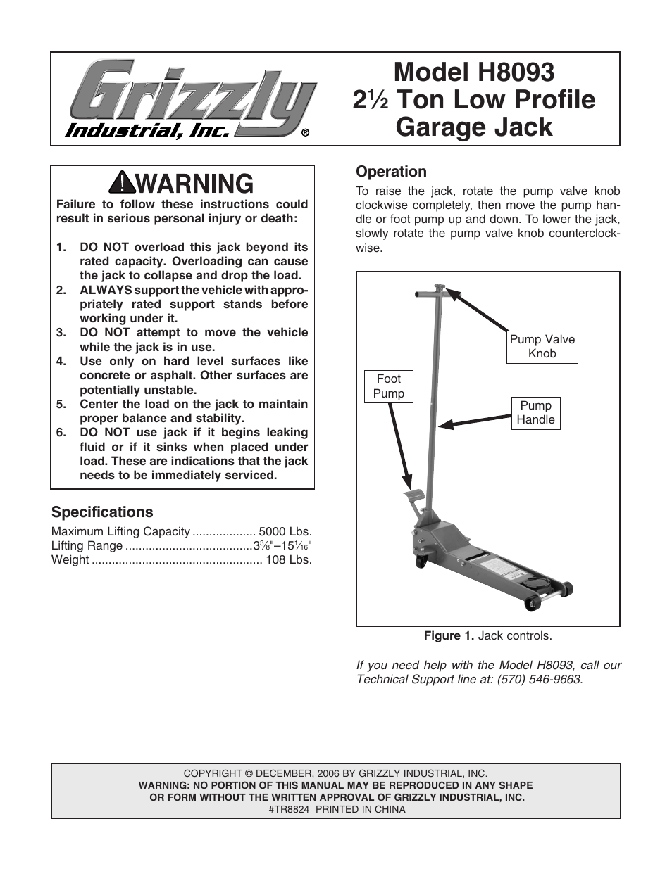 Grizzly 2 TON LOW PROFILE GARAGE JACK H8093 User Manual | 4 pages