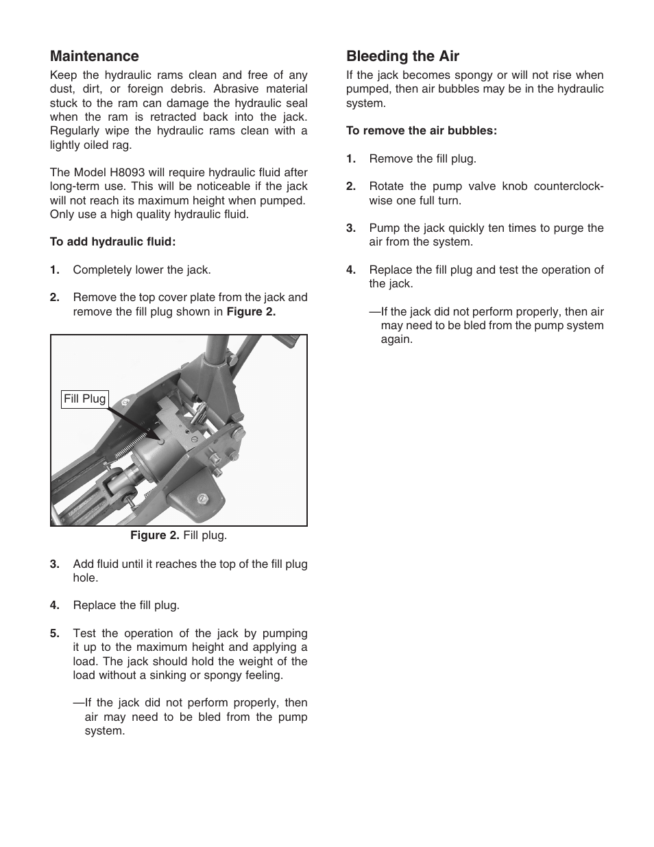 Maintenance, Bleeding the air | Grizzly 2 TON LOW PROFILE GARAGE JACK H8093 User Manual | Page 2 / 4