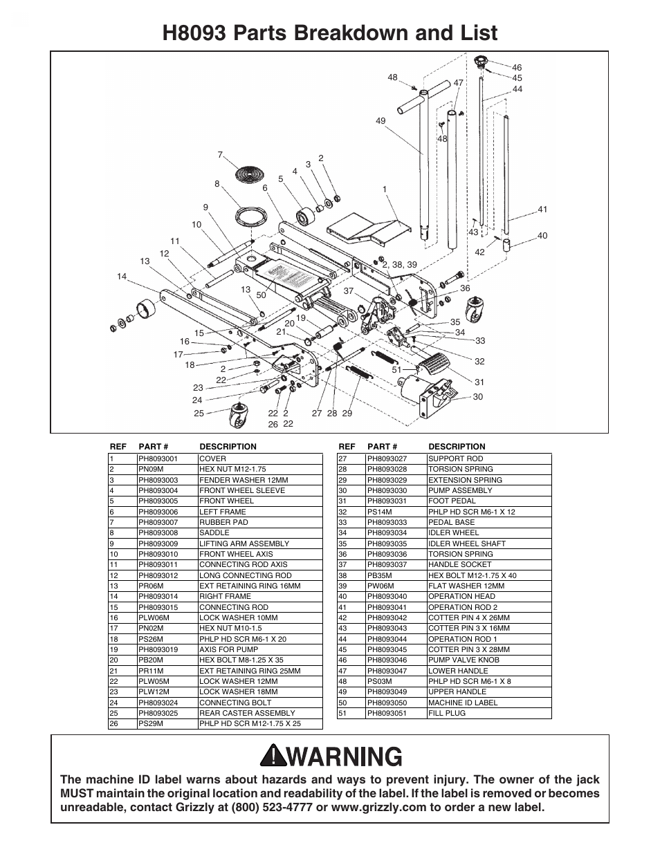 H8093 parts breakdown and list | Grizzly 2 TON LOW PROFILE GARAGE JACK H8093 User Manual | Page 3 / 4
