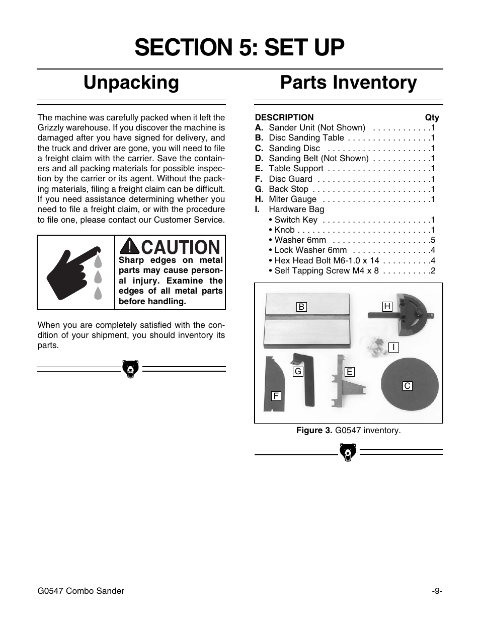 Parts inventory unpacking | Grizzly G0547 User Manual | Page 11 / 35