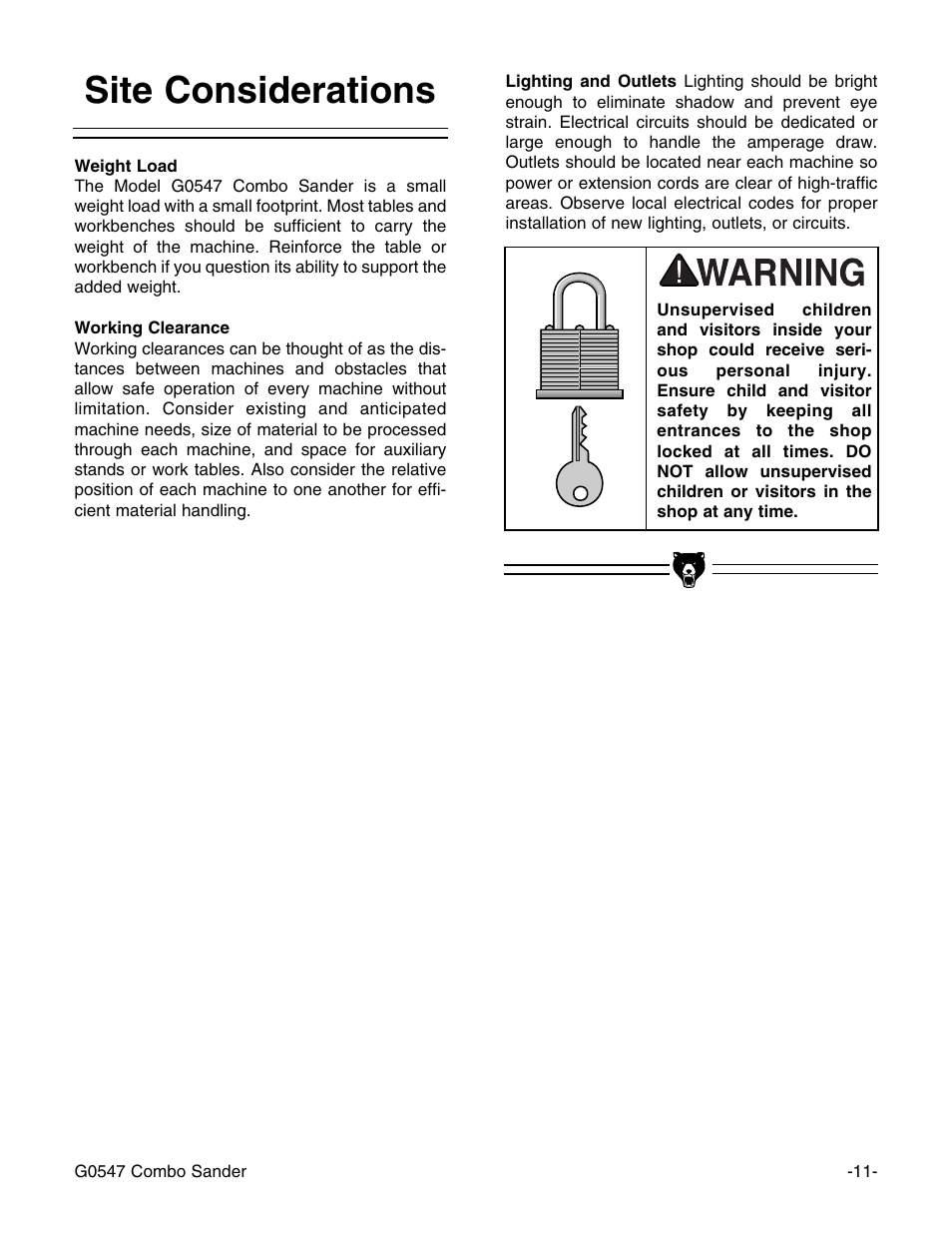 Site considerations | Grizzly G0547 User Manual | Page 13 / 35