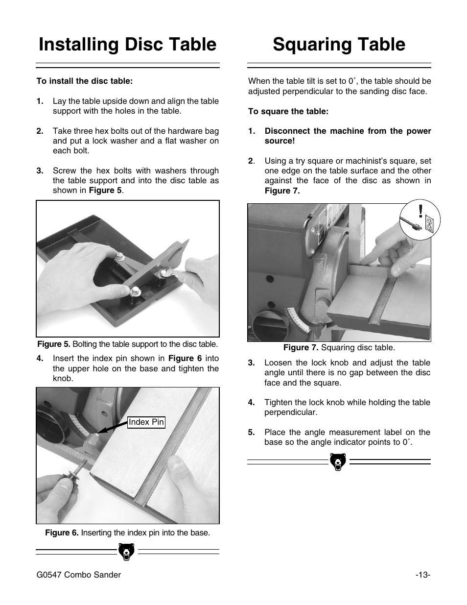 Squaring table, Installing disc table | Grizzly G0547 User Manual | Page 15 / 35