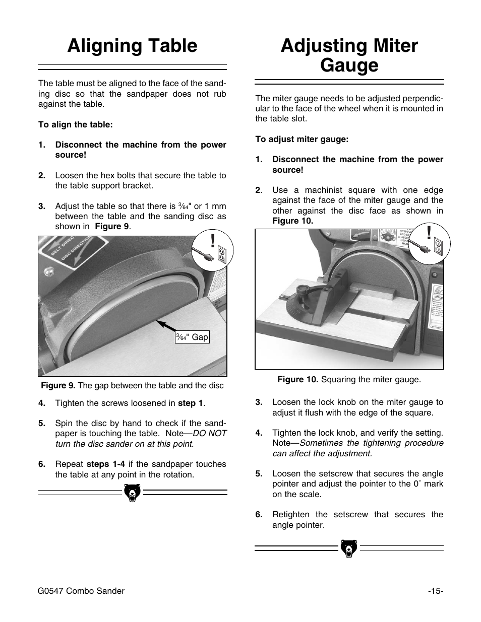 Adjusting miter gauge, Aligning table | Grizzly G0547 User Manual | Page 17 / 35