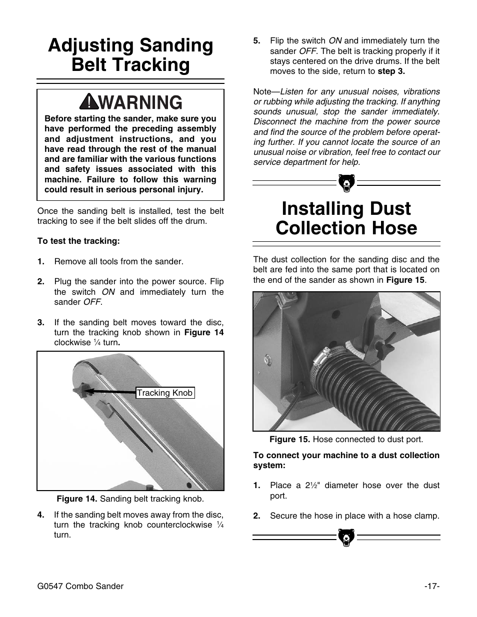 Installing dust collection hose, Adjusting sanding belt tracking | Grizzly G0547 User Manual | Page 19 / 35