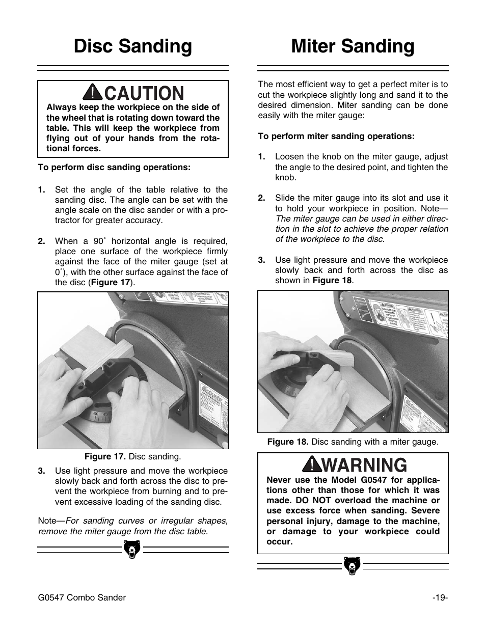 Miter sanding, Disc sanding | Grizzly G0547 User Manual | Page 21 / 35