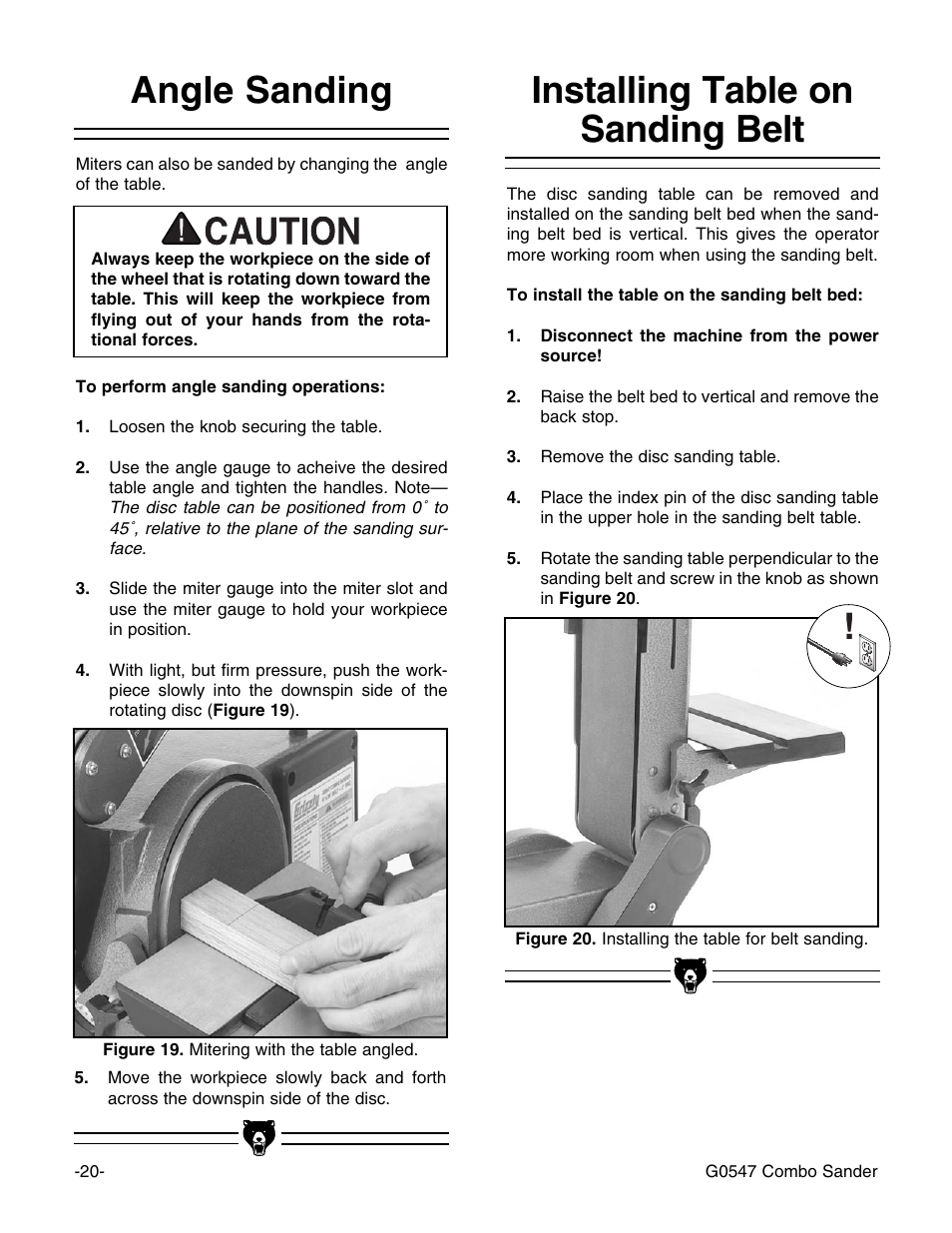 Installing table on sanding belt angle sanding | Grizzly G0547 User Manual | Page 22 / 35