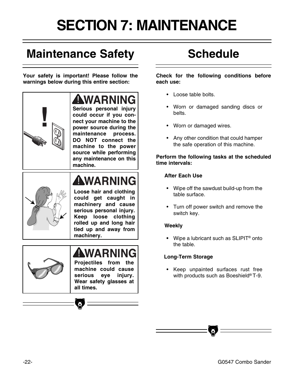 Schedule maintenance safety | Grizzly G0547 User Manual | Page 24 / 35