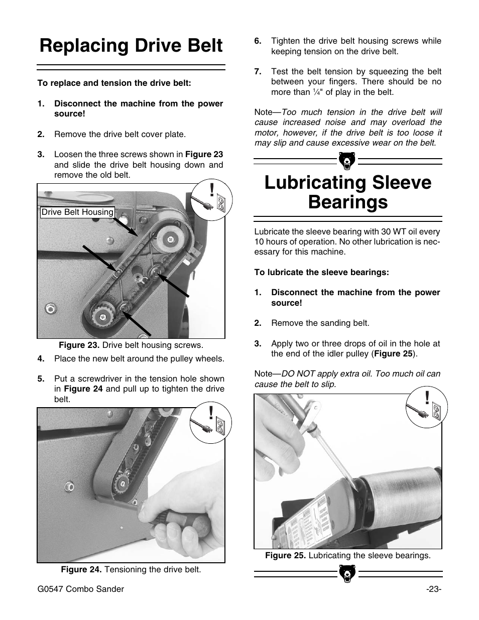 Lubricating sleeve bearings, Replacing drive belt | Grizzly G0547 User Manual | Page 25 / 35