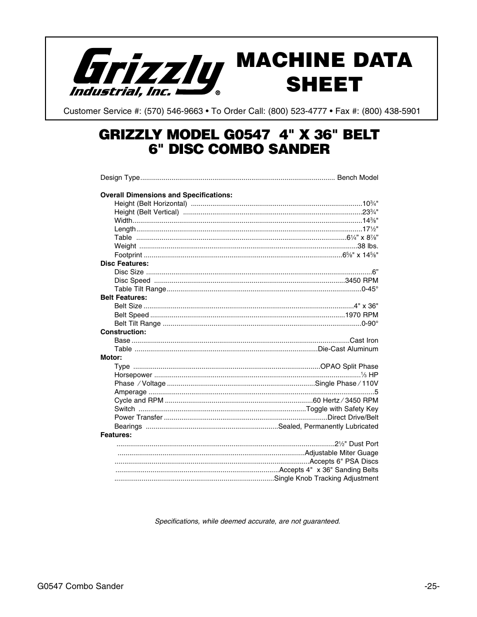 Machine data sheet | Grizzly G0547 User Manual | Page 27 / 35