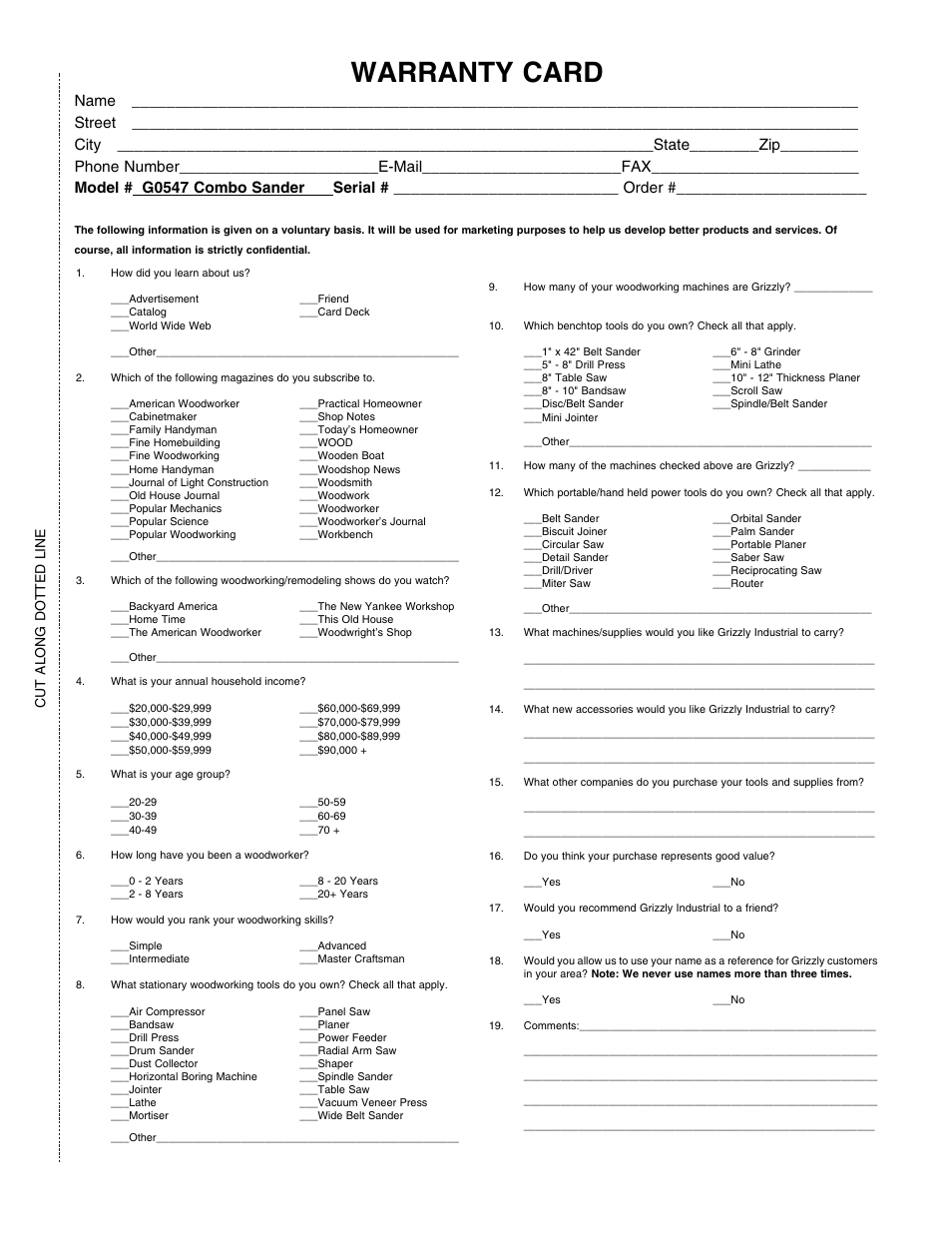 Warranty card, Cut along dotted line | Grizzly G0547 User Manual | Page 33 / 35