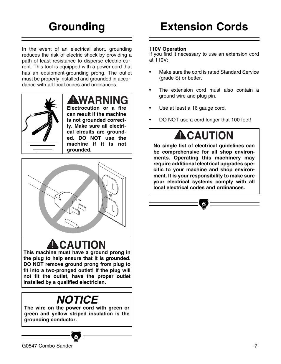 Notice, Extension cords grounding | Grizzly G0547 User Manual | Page 9 / 35