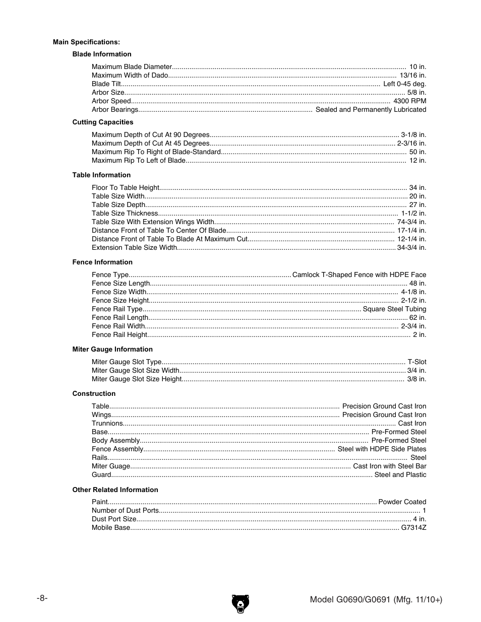 Grizzly G0690 User Manual | Page 10 / 92