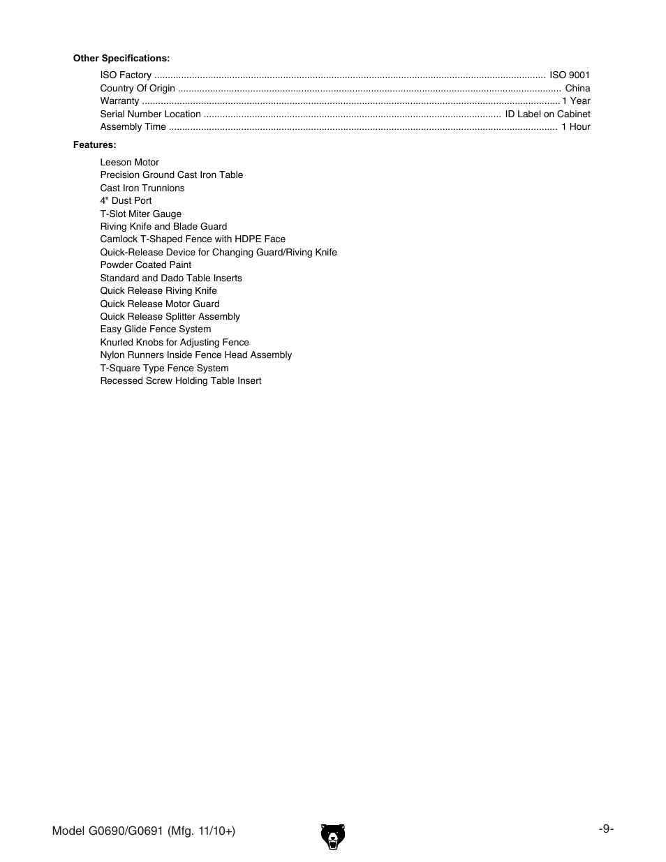 Grizzly G0690 User Manual | Page 11 / 92