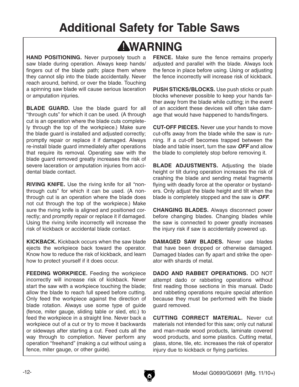 Additional safety for table saws | Grizzly G0690 User Manual | Page 14 / 92