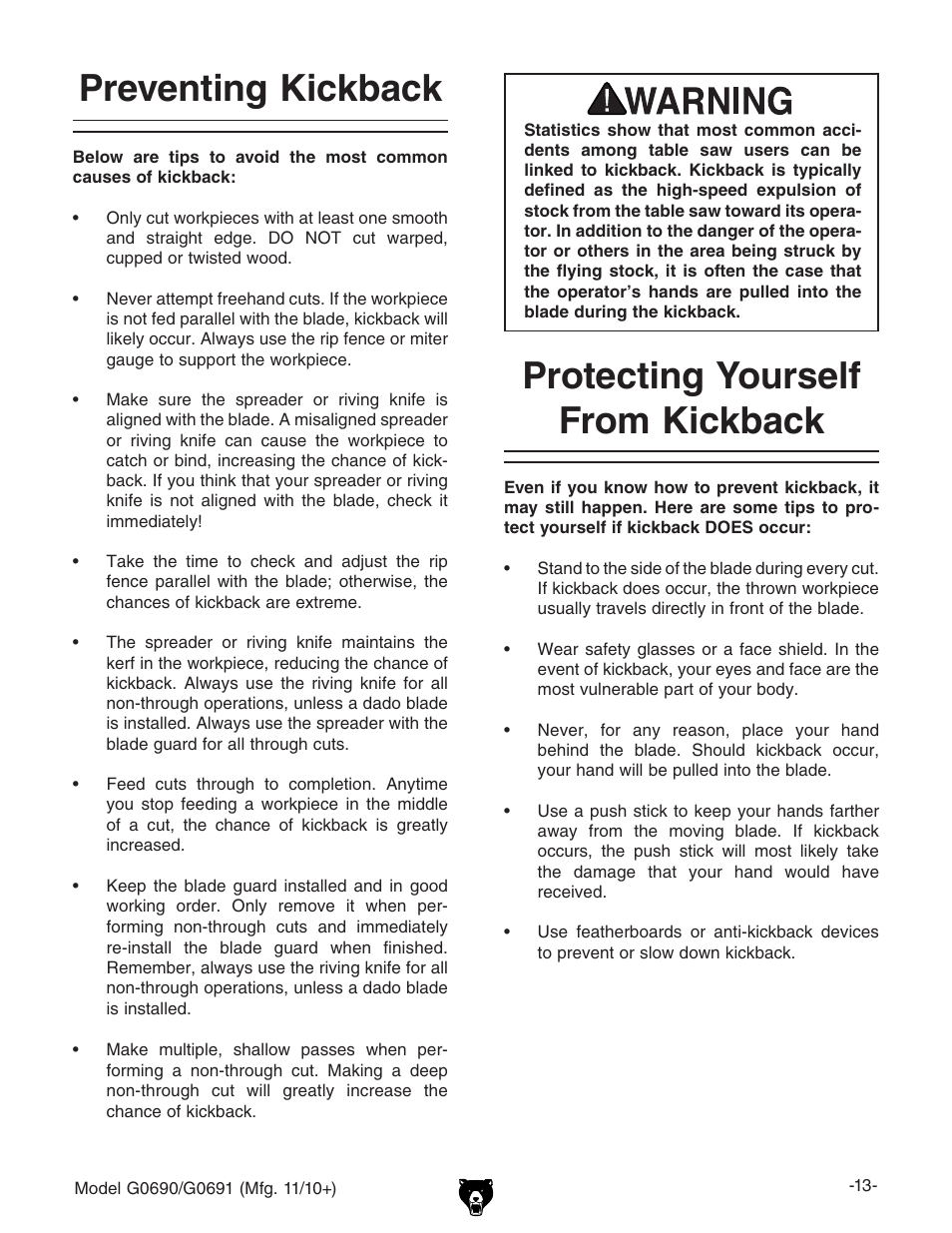 Preventing kickback, Protecting yourself from kickback | Grizzly G0690 User Manual | Page 15 / 92