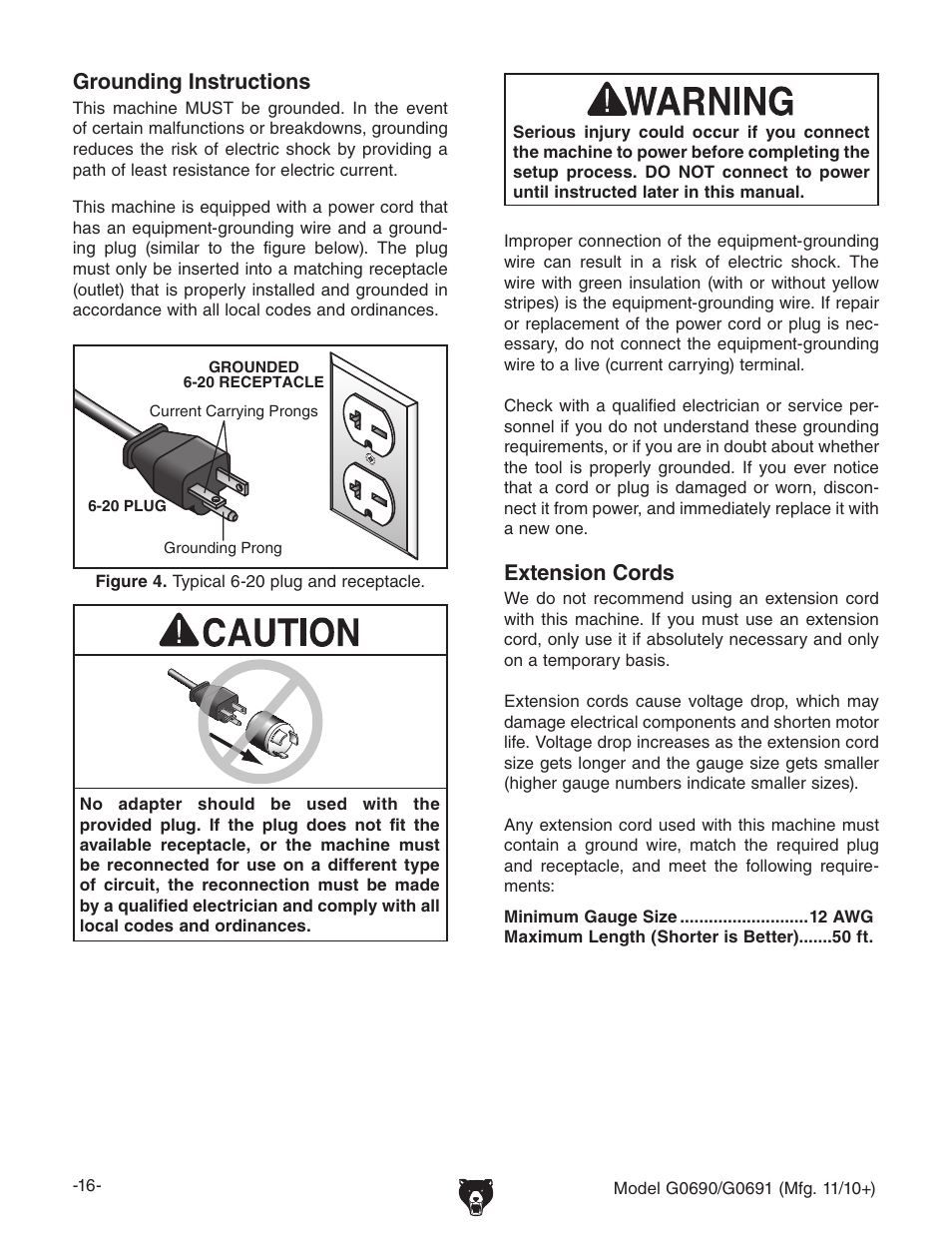 Extension cords, Grounding instructions | Grizzly G0690 User Manual | Page 18 / 92