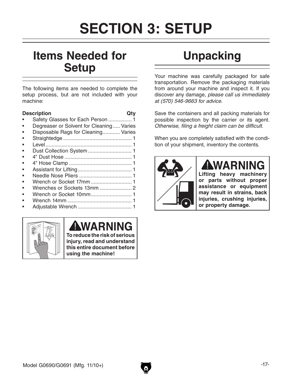 Items needed for setup, Unpacking | Grizzly G0690 User Manual | Page 19 / 92