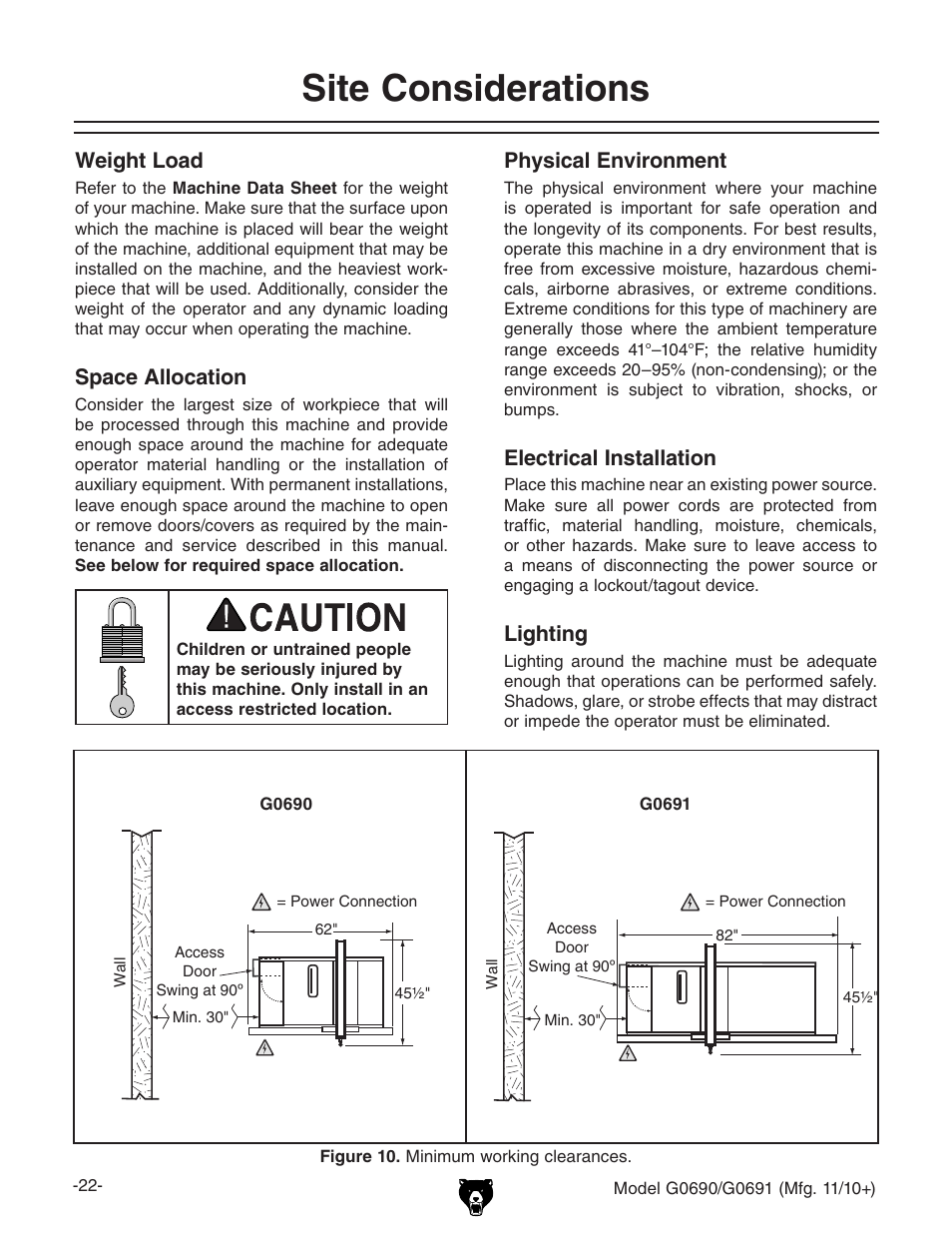 Site considerations, Weight load, Space allocation | Physical environment, Electrical installation, Lighting | Grizzly G0690 User Manual | Page 24 / 92