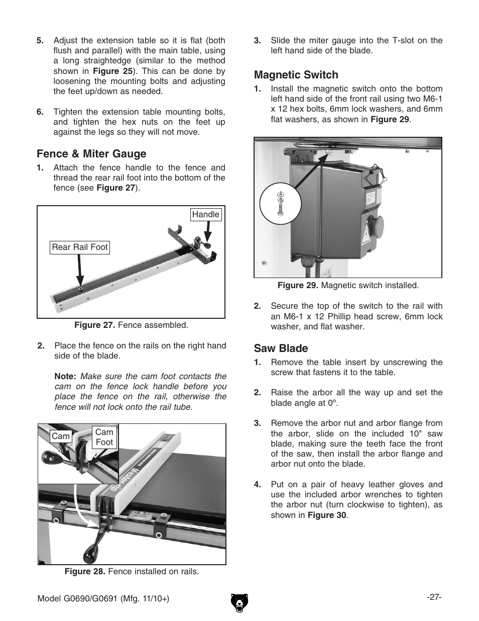 Magnetic switch, Saw blade, Fence & miter gauge | Grizzly G0690 User Manual | Page 29 / 92