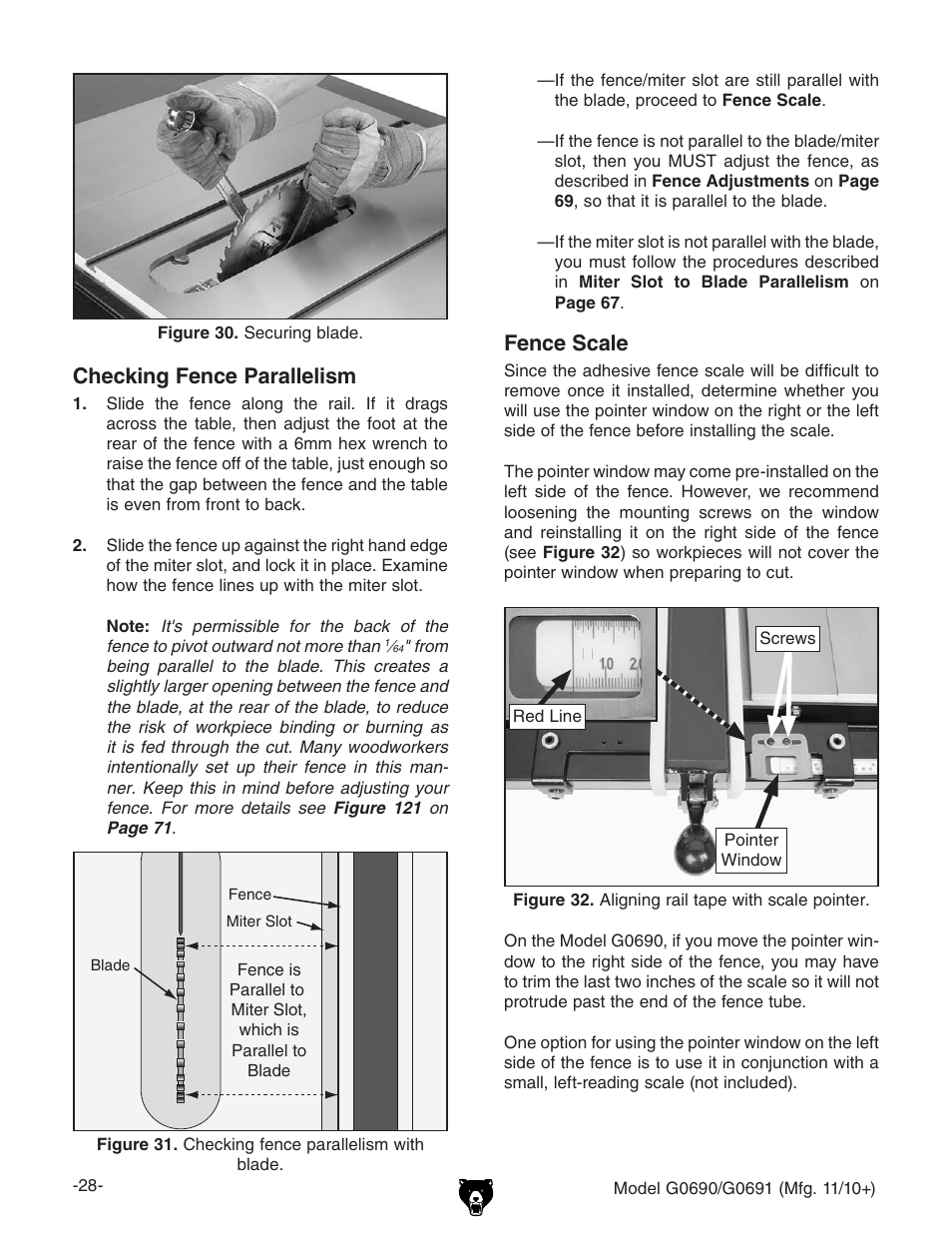 Checking fence parallelism, Fence scale | Grizzly G0690 User Manual | Page 30 / 92