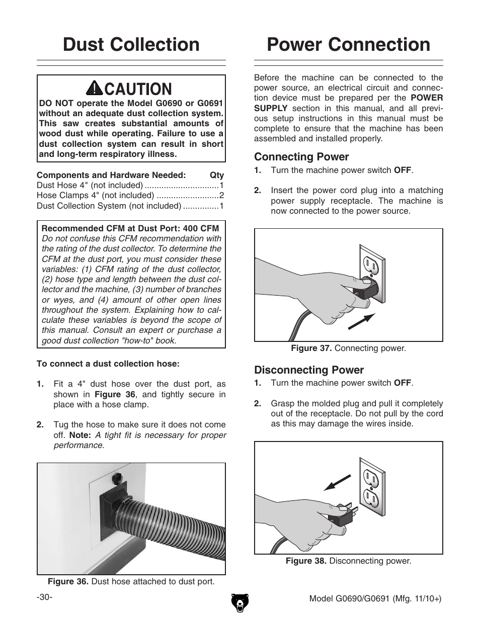 Dust collection, Power connection | Grizzly G0690 User Manual | Page 32 / 92