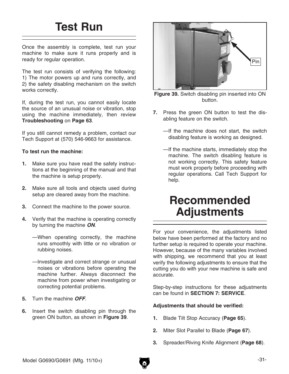 Test run, Recommended adjustments | Grizzly G0690 User Manual | Page 33 / 92