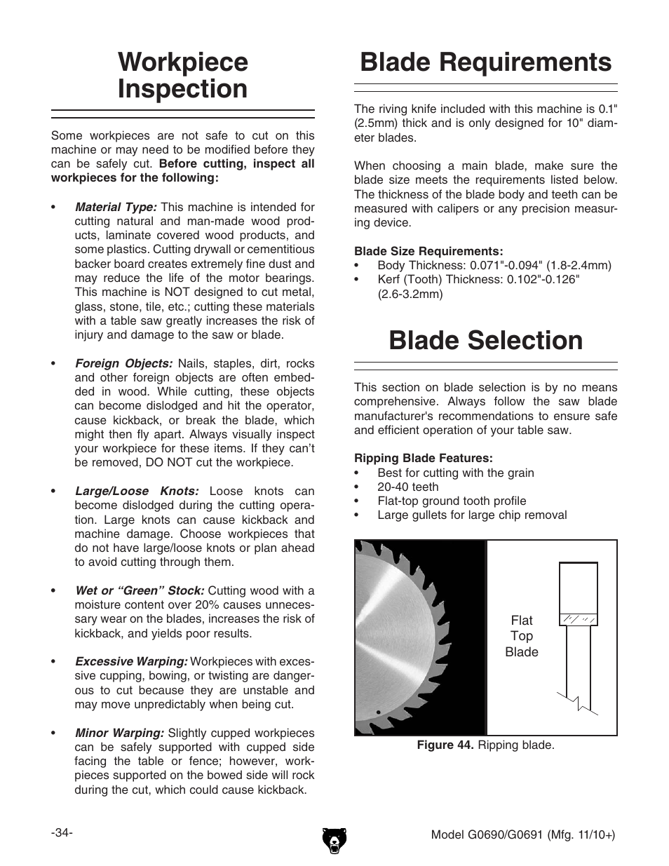 Blade requirements, Blade selection, Workpiece inspection | Grizzly G0690 User Manual | Page 36 / 92