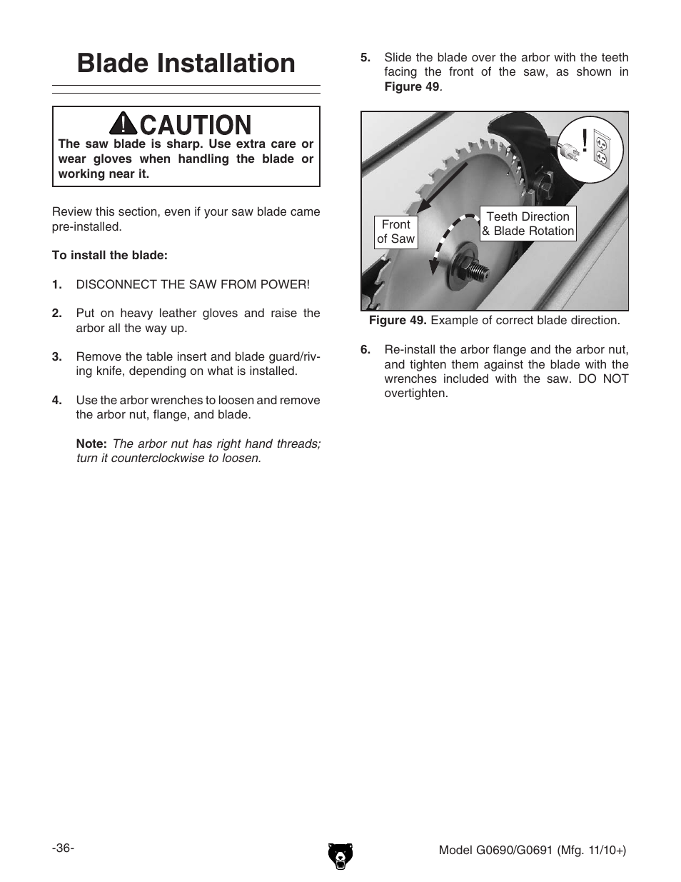 Blade installation | Grizzly G0690 User Manual | Page 38 / 92