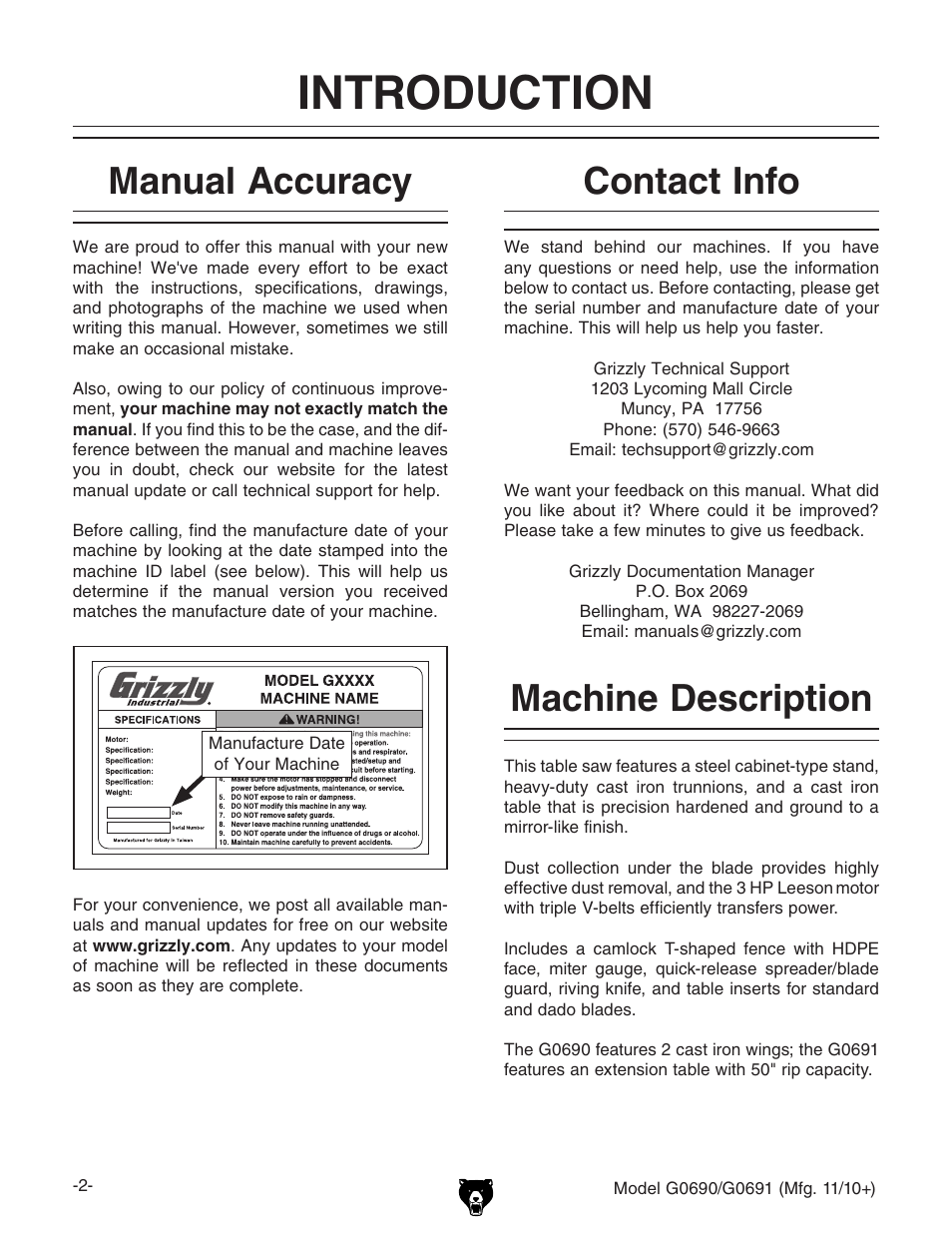 Introduction, Machine description, Contact info | Manual accuracy | Grizzly G0690 User Manual | Page 4 / 92